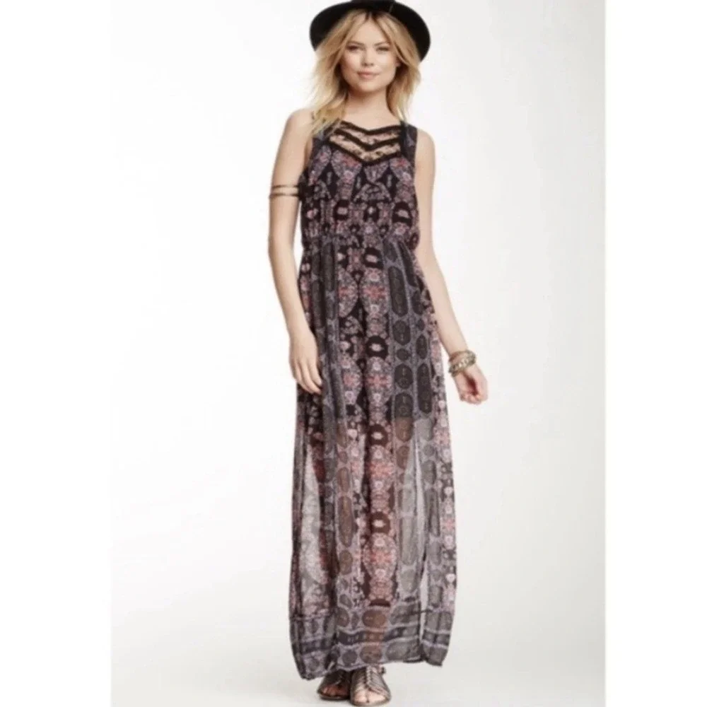 Free People Bohemian Moroccan Maxi Dress Black Printed Lace Whimsigoth Size 8